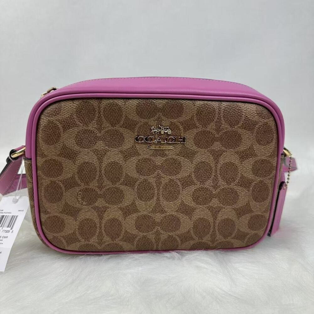 COACH Jamie Camera Crossbody Bag In Signature Canvas/Leather Tan/Fuchsia CZ186